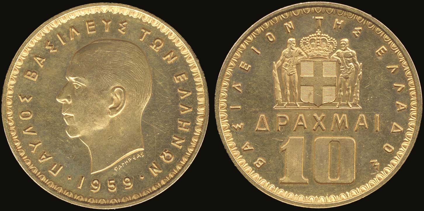 10 Drachmas (1959) presentation gold – King Paul